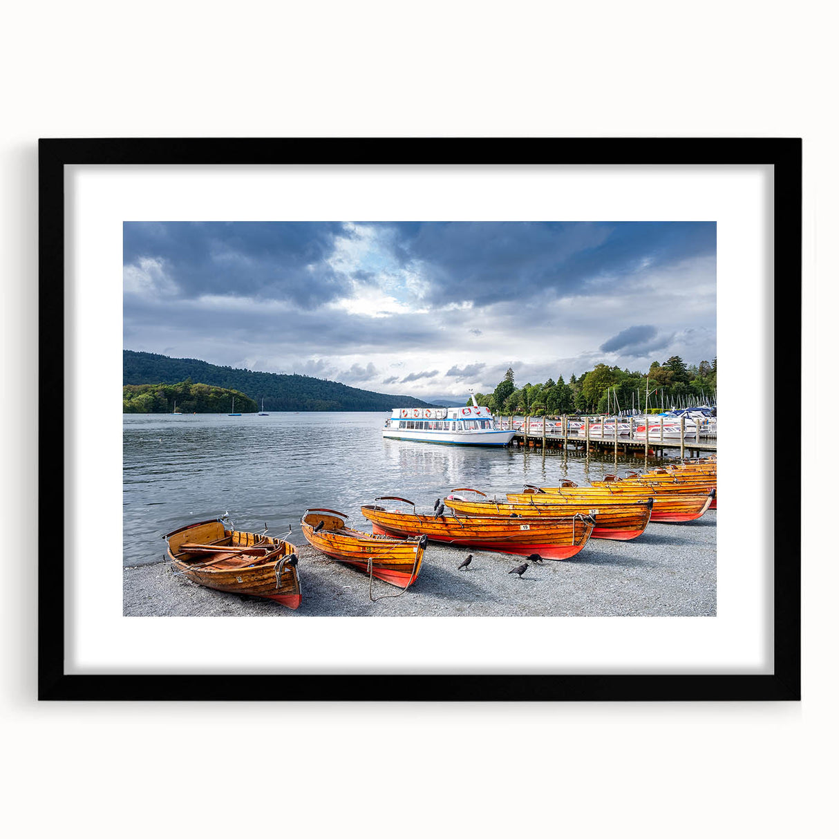 Extra large abstract art print of a colorful, textured Cumbria landscape on a framed black mat, ideal for living room decor.