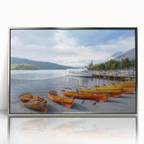 Large art print of Cumbria, England, in muted earth tones on a framed acrylic, mid-century modernist style.