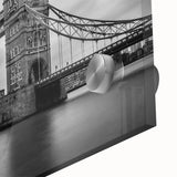 Large abstract depiction of London skyline in muted blue and gray on acrylic glass.