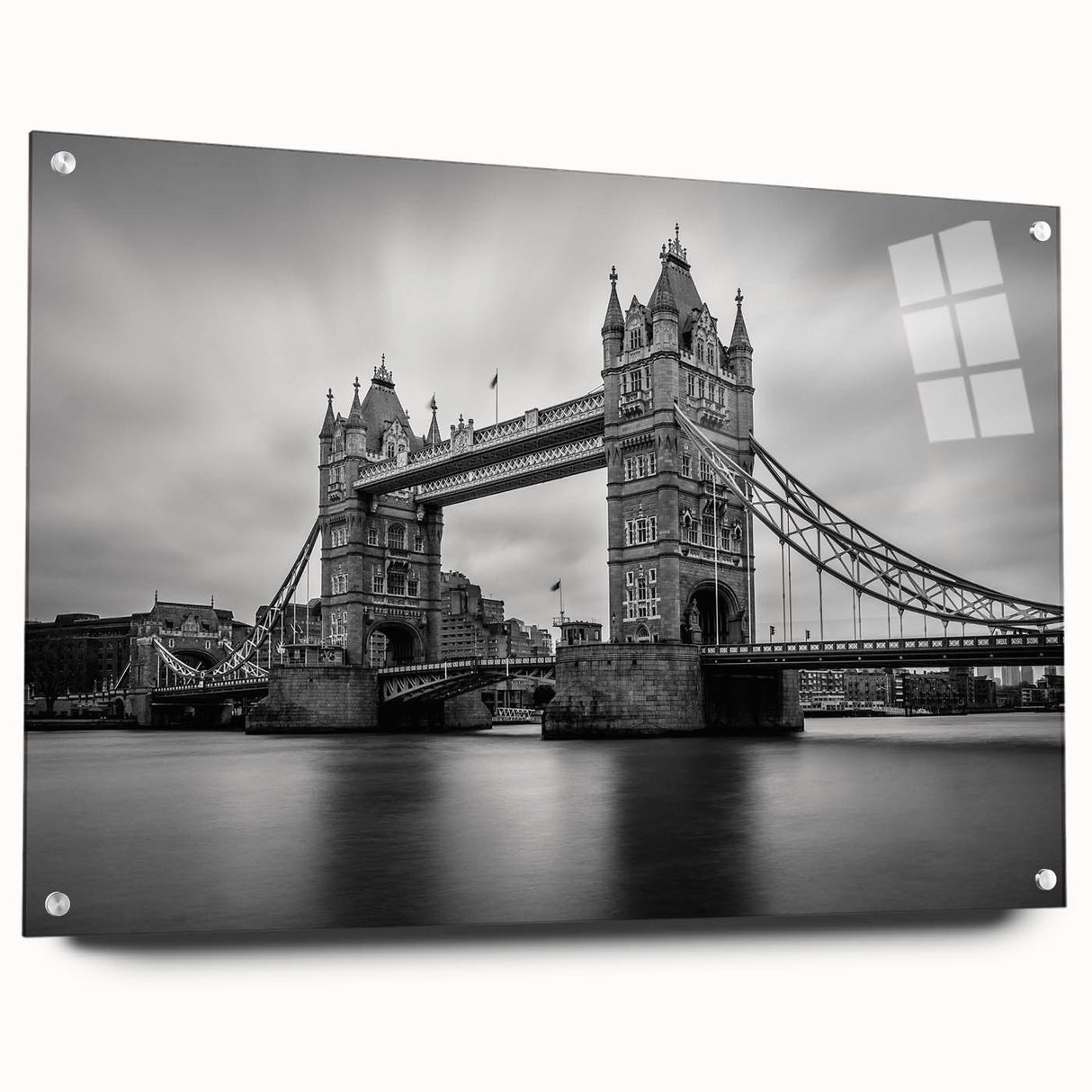 Acrylic print of London scenery with muted blue and gray tones, ideal for dining room decor.
