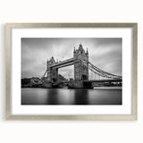 Extra large abstract art print of London scenery in muted gray and blue tones, framed in silver, ideal for living room decor.