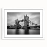 Textured abstract art print of London scenery in muted gray and blue tones, framed with a white mat, ideal for bedroom art.
