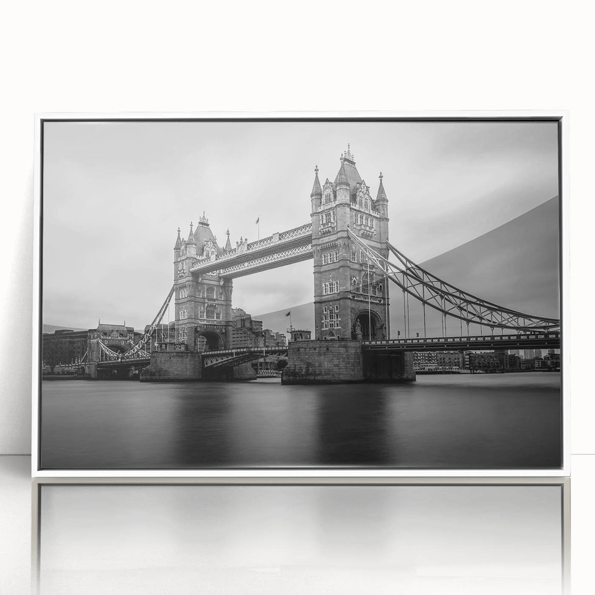 Mid-century modernist art of London skyline in muted gray and blue tones on framed acrylic.