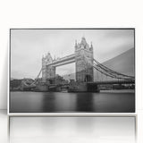 Mid-century modernist art of London skyline in muted gray and blue tones on framed acrylic.