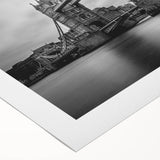 Art deco poster of London skyline in monochrome shades on rolled canvas, suitable for dining room decor.