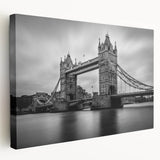 Large art depicting the London skyline in muted gray and blue tones on stretched canvas, ideal for kitchen wall art.