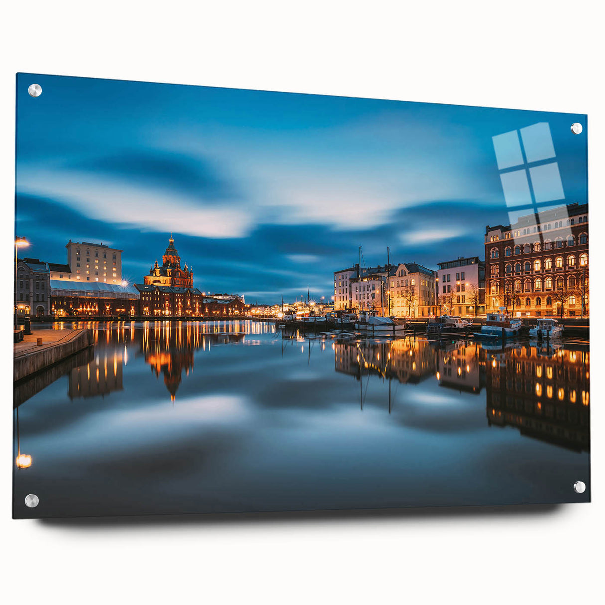 Acrylic print of a serene Finnish landscape in muted blues and greens, suitable for bedroom or dining room decor.