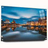 Acrylic print of a serene Finnish landscape in muted blues and greens, suitable for bedroom or dining room decor.