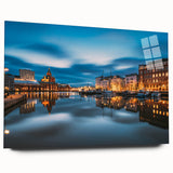 Large abstract wall art depicting a serene Finnish landscape in cool blue and white tones, acrylic glass.