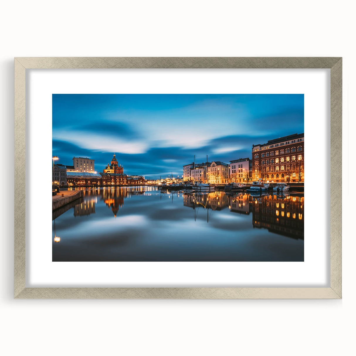 Textured abstract art print of a serene Finnish landscape in muted earth tones, framed in silver.