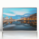 Mid-century modernist art depicting a serene Finnish landscape in muted earth tones, framed acrylic.