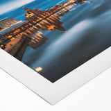 Art deco poster of a serene Finnish landscape in muted blue and green tones on rolled canvas, suitable for dining room decor.