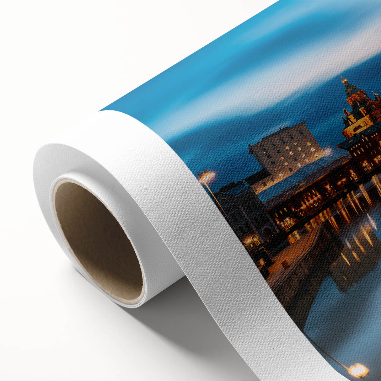 Art deco poster of a serene Finnish landscape in muted blues and greens, printed on rolled canvas.