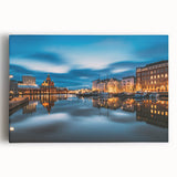 Black and white photograph of a serene Finnish landscape on a large stretched canvas, ideal for kitchen wall art.