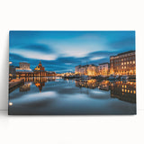 Black and white photograph of a serene Finnish landscape on large stretched canvas, ideal for kitchen wall art.