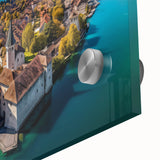 Large abstract wall art of the French Alps in muted earth tones on acrylic glass, ideal for dining room ambiance.