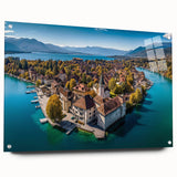 Acrylic print of the French Alps in muted earth tones, ideal for enhancing bedroom or dining room decor.