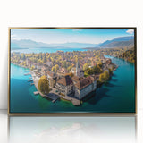 Acrylic print of the French Alps in gold frame, featuring muted earth tones, ideal for modern art wall decor.