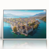 Mid-century modernist art depicting the French Alps in muted earth tones, acrylic print framed in white.