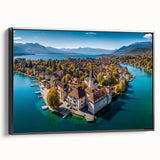 Black and white framed canvas of the French Alps landscape, ideal for bedroom wall decor.