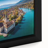 Extra large framed canvas of the French Alps in black with colorful, textured details, suitable for living room decor.