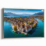 Landscape art painting of the French Alps in muted earth tones on a framed canvas, suitable for living room decor.