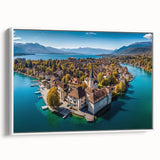 Vintage poster art of the French Alps in colorful hues on a large framed canvas, ideal for living room decor.