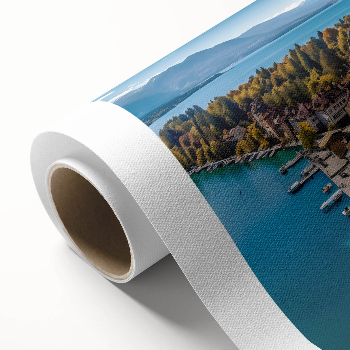 Art deco poster of the French Alps in muted blue and white tones on rolled canvas, ideal for nursery wall art.