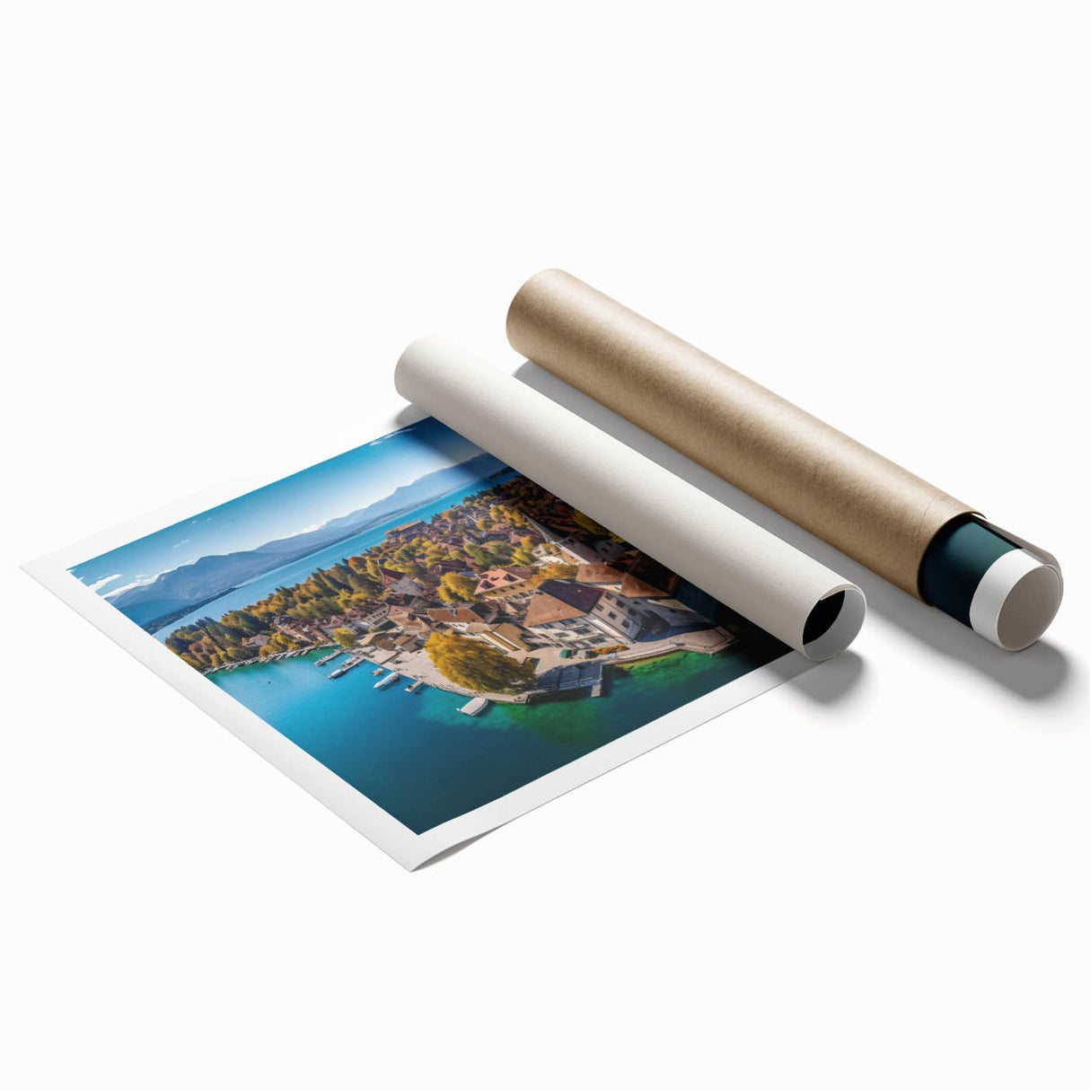 Rolled print of the French Alps with vibrant green meadows and snow-capped mountains, ideal for classy bathroom wall art.