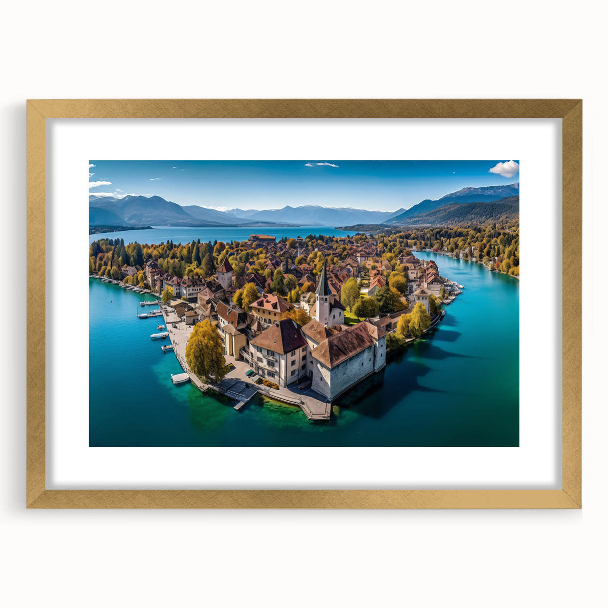 Extra large wall art of abstract French Alps scenery in textured shades of blue and white, framed in gold.