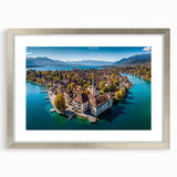 Textured art print of the French Alps in abstract style, muted earth tones, framed in silver, ideal for bedroom decor.