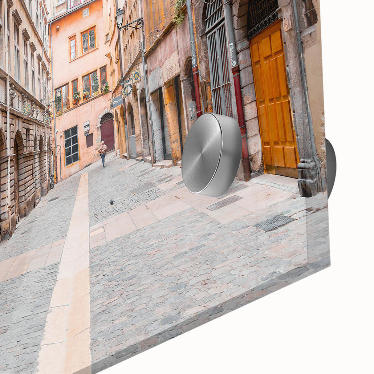 Large abstract wall art depicting Lyon, France, in muted earth tones on acrylic glass, ideal for dining room ambiance.