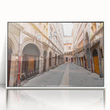 Mid-century modernist art of Lyon, France in muted colors on a framed acrylic, ideal for nursery wall decor.