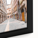 Extra large black wall art featuring a textured depiction of Lyon, France in colorful hues on framed canvas.