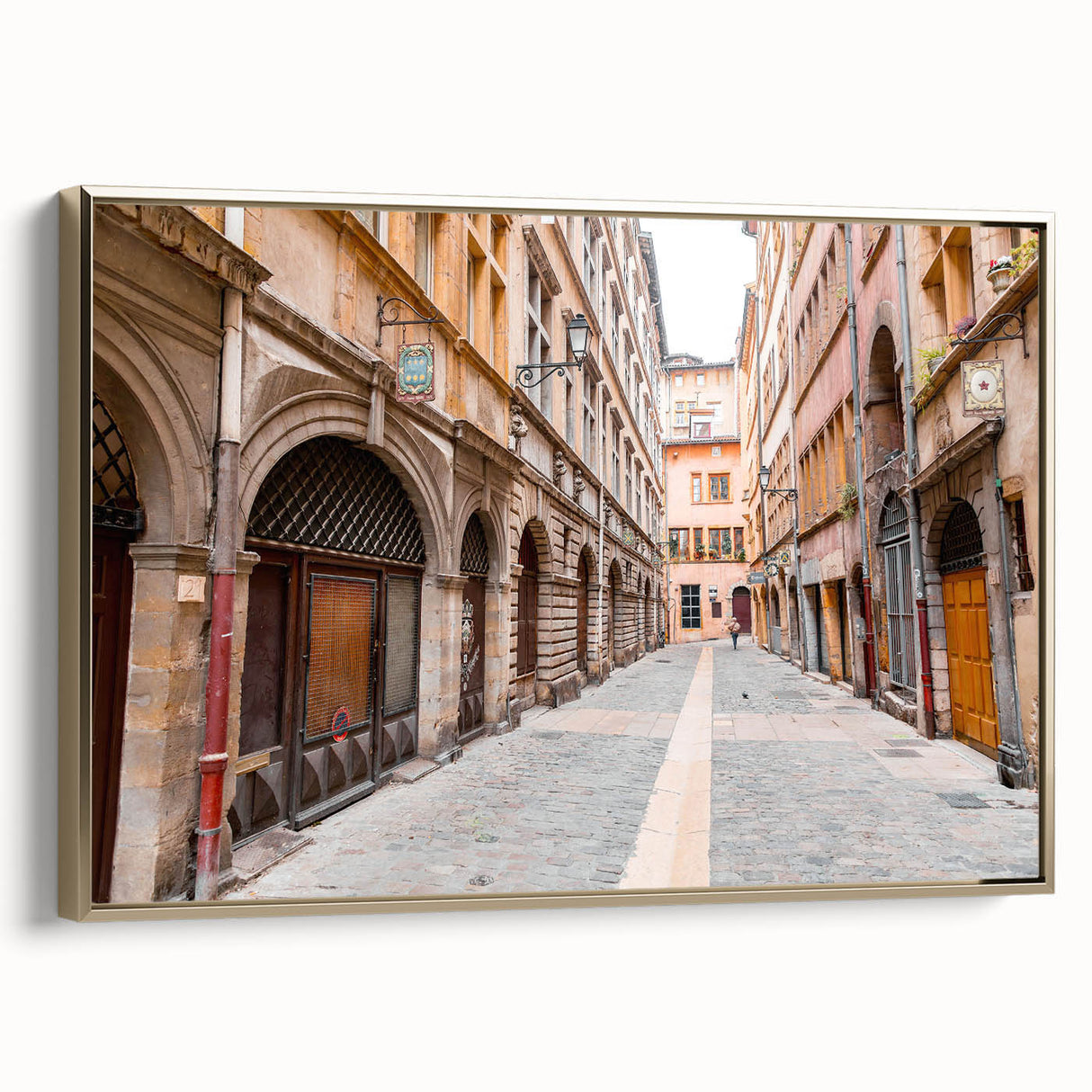 Framed canvas depicting vintage-style Lyon landscape in black and gold tones, ideal for bedroom wall art.
