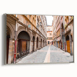 Framed canvas of a vintage-style Lyon landscape painting with colorful art on black background, ideal for living room decor.