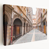Large art depicting Lyon, France scenery in muted earth tones on stretched canvas, ideal for kitchen wall art.