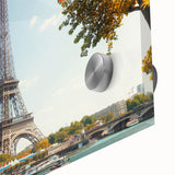 Large abstract depiction of Paris in muted blue and gray on acrylic glass.