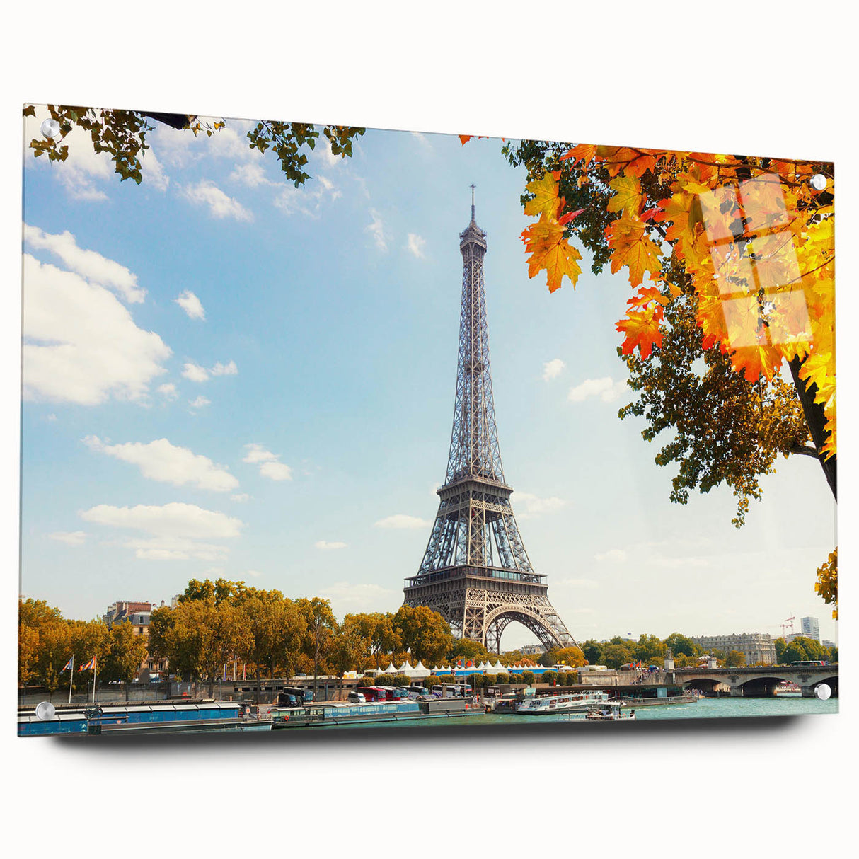 Acrylic print of Paris scenery featuring a detailed cityscape in muted gray and blue tones, ideal for dining room decor.