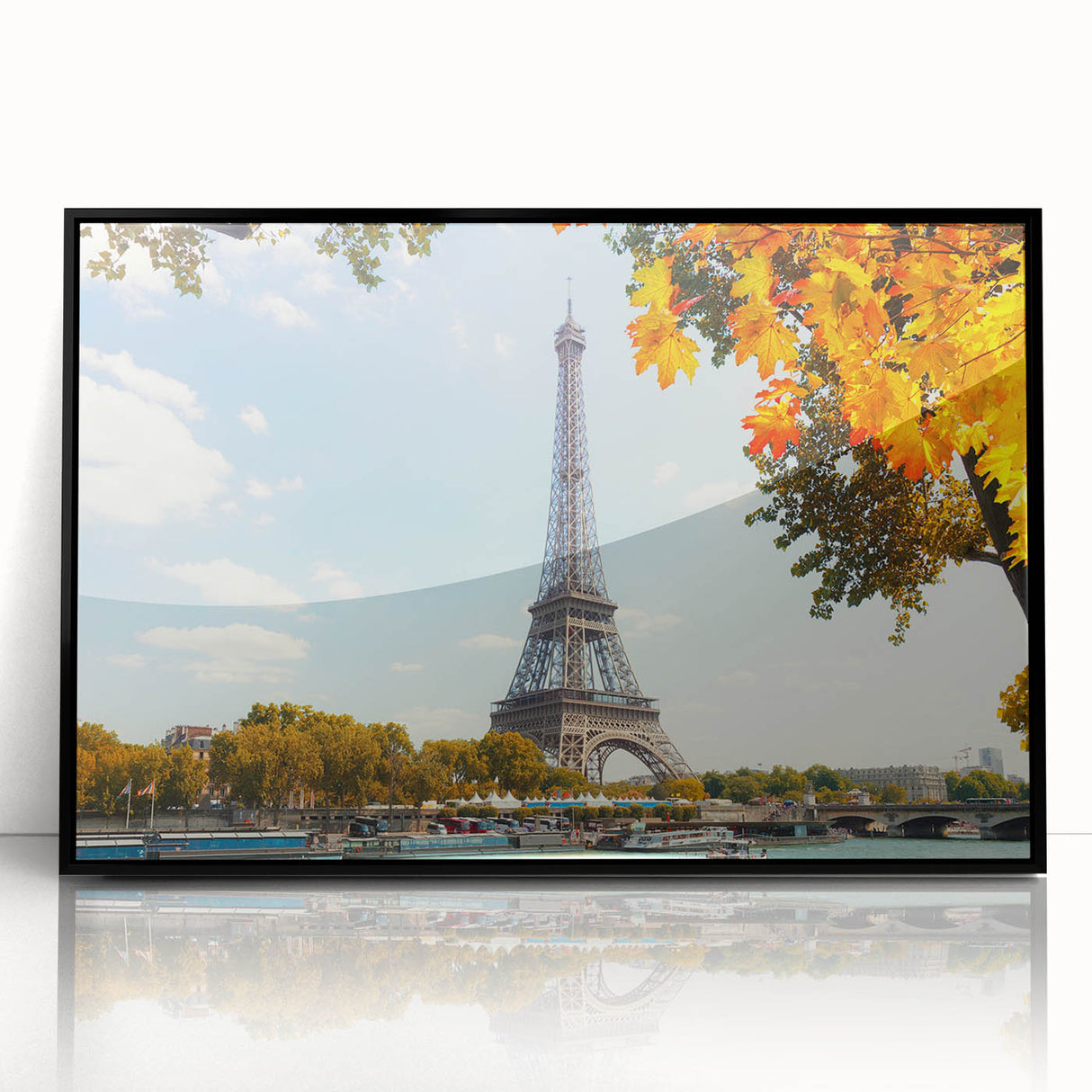 Large abstract wall art depicting the Paris skyline in muted gray tones, framed in black acrylic.