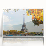 Mid-century modernist art depicting the Eiffel Tower in muted gray tones on a framed acrylic.