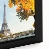 Extra large framed canvas featuring a textured depiction of a Paris street scene in black with colorful art accents.