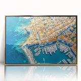 Art deco poster of a Provence, France scenery in muted gold and blue tones on framed acrylic.