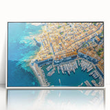 Framed acrylic print of a mid-century modernist Provence landscape in muted earth tones, ideal for nursery wall art.