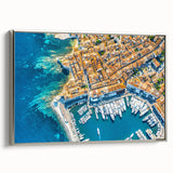 Framed canvas featuring a vintage-style landscape art painting of Provence, France with colorful hues.