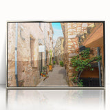 Mid-century modernist acrylic print of a southern France landscape in muted earth tones, ideal for nursery wall art.