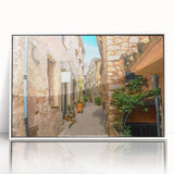 Mid-century modernist art of southern France scenery in pastel tones on a white framed acrylic.