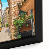 Extra large framed canvas of a textured, colorful European scenery in black, ideal for living room decor.