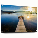 Acrylic glass print of a serene Bavarian landscape in muted green and blue tones, suitable for bedroom or dining room decor.