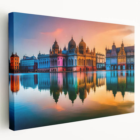 Large canvas print of a European cityscape in muted earth tones, ideal for kitchen wall decor.